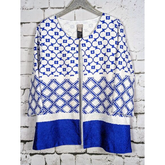 CHICO'S TRAVELERS Moroccan Crushed Open-Front Cardigan Jacket Artsy Boho 12/14 - Picture 1 of 10